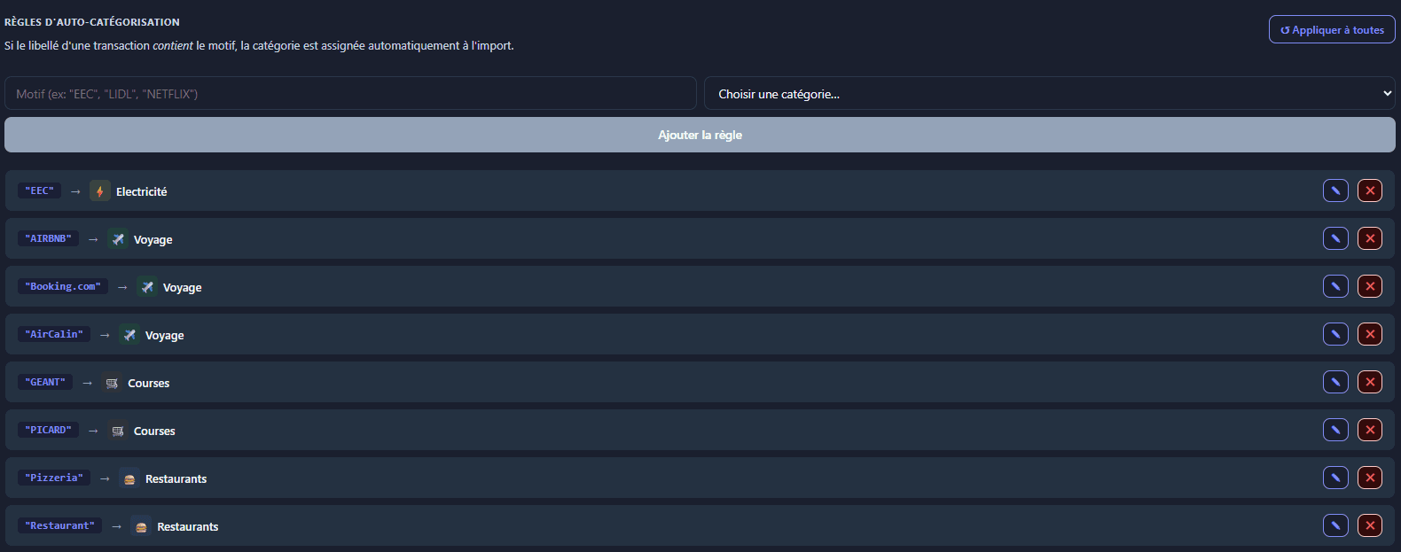 Catégorisation automatique des transactions lors de l'import